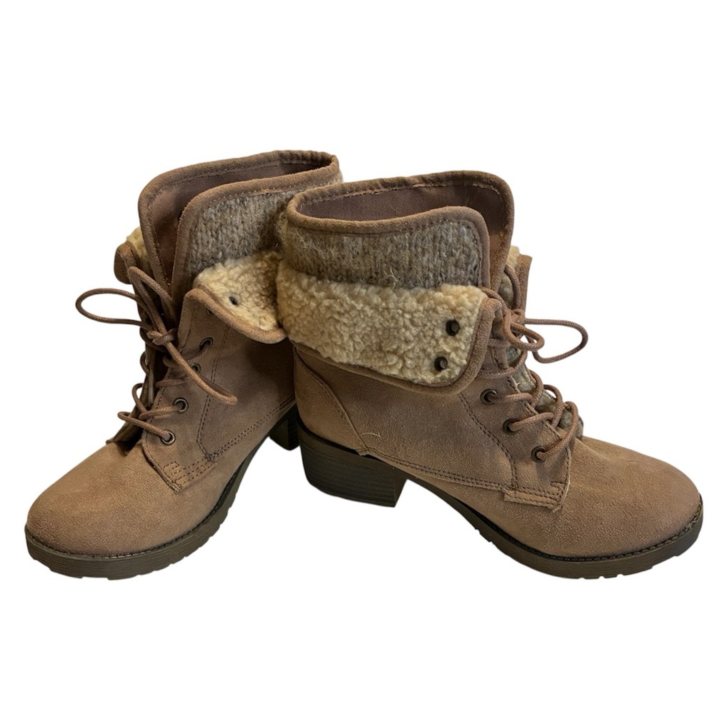 Dunes Ankle Boots 8M “Kendall” Lace-Up Beige-Taupe Faux Suede Sherpa Vegan